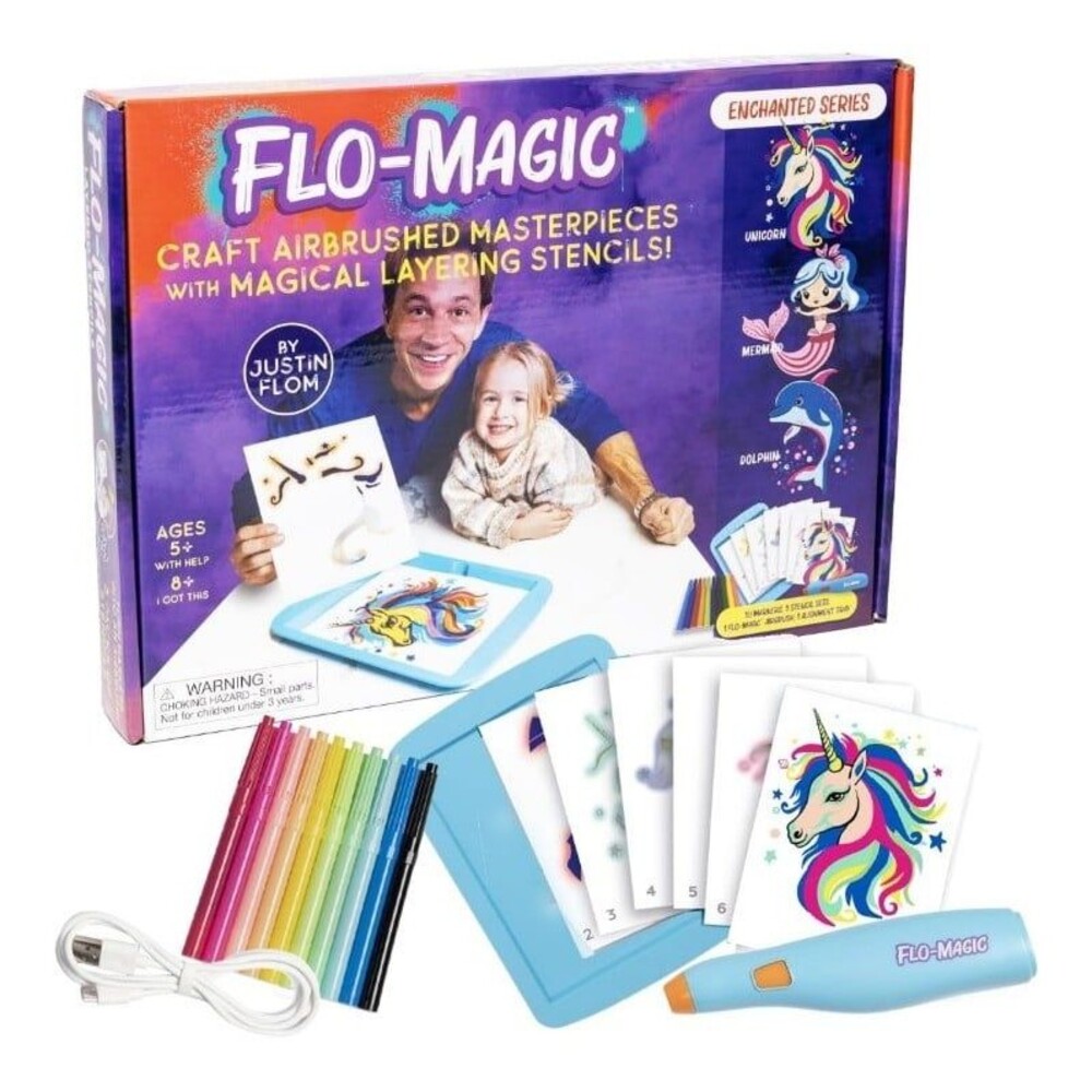 Enchanted Airbrush Marker Stencil Art Kit- Unicorn, Mermaid, Dolphin